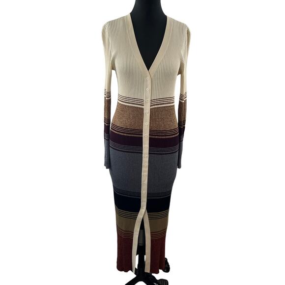 STAUD Shoko Sahara Beige VNeck Long Sleeve Ribbed Button Down Maxi Dress Size XL - Picture 2 of 10